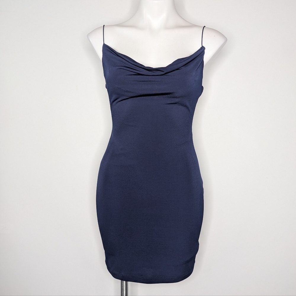 Vintage B Darlin Blue Spaghetti Strap Slouch Drape Neck Body Con Mini Dress M